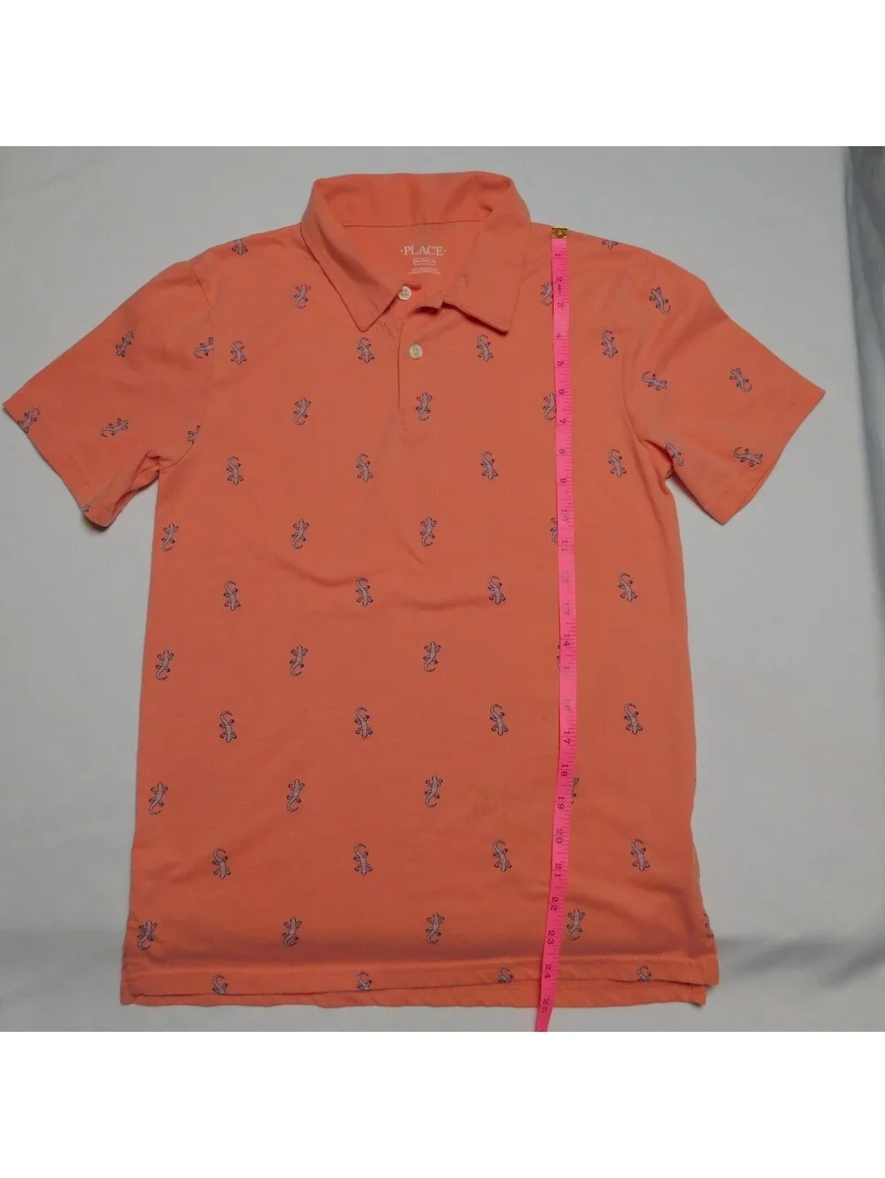 The Childrens Place Boys XXL 16 Polo Shirt Salmon Coral Pink Lizard Gecko All Ov